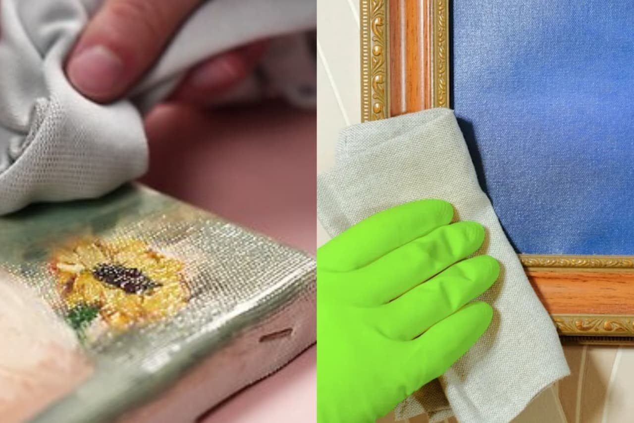 Proses pembersihan debu pada lukisan menggunakan kain mikrofiber lembut dan sarung tangan pelindung untuk menjaga integritas lapisan cat.